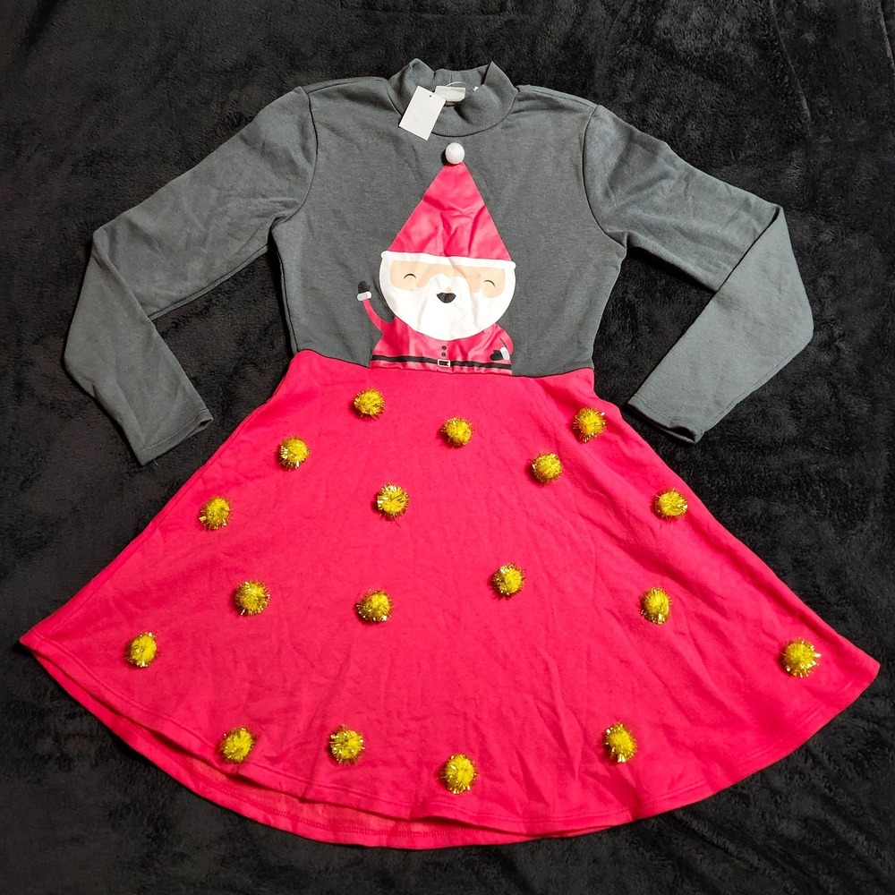 Mighty Fine Women's Long Sleeve Red Santa Claus Pom Pom Dress Size: Small NWT